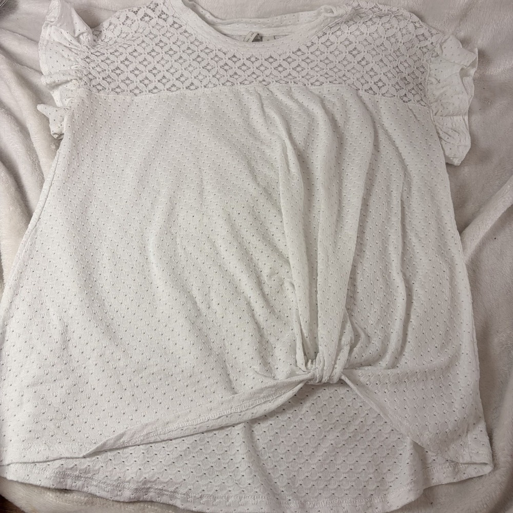Boho Cato White Lace Pointelle Yoke Short Sleeve Top Knot Tie Hem Small Chic EUC
